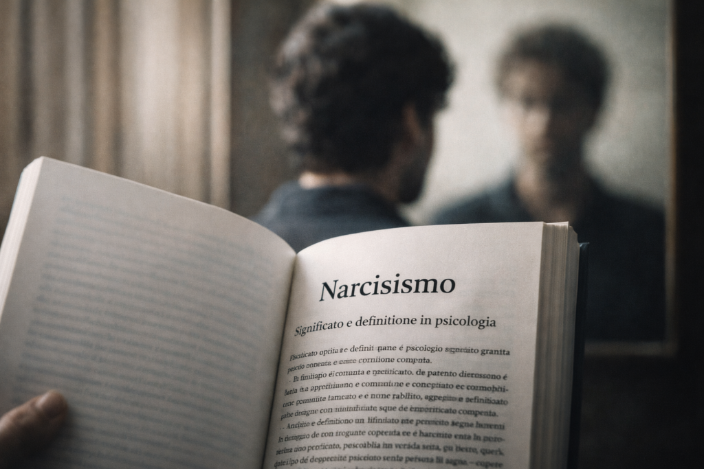 Libro aperto sul narcisismo con figura riflessa sullo sfondo, simbolo della regolazione dell’autostima attraverso lo sguardo dell’altro