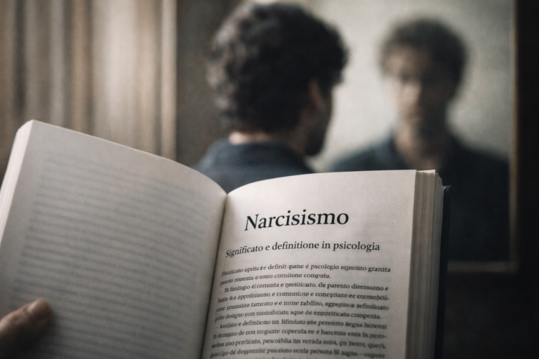 Libro aperto sul narcisismo con figura riflessa sullo sfondo, simbolo della regolazione dell&rsquo;autostima attraverso lo sguardo dell&rsquo;altro