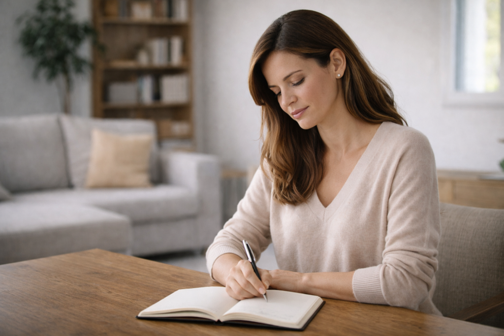 Donna con quaderno aperto in un momento di riflessione consapevole, esempio dei sette pilastri della mindfulness