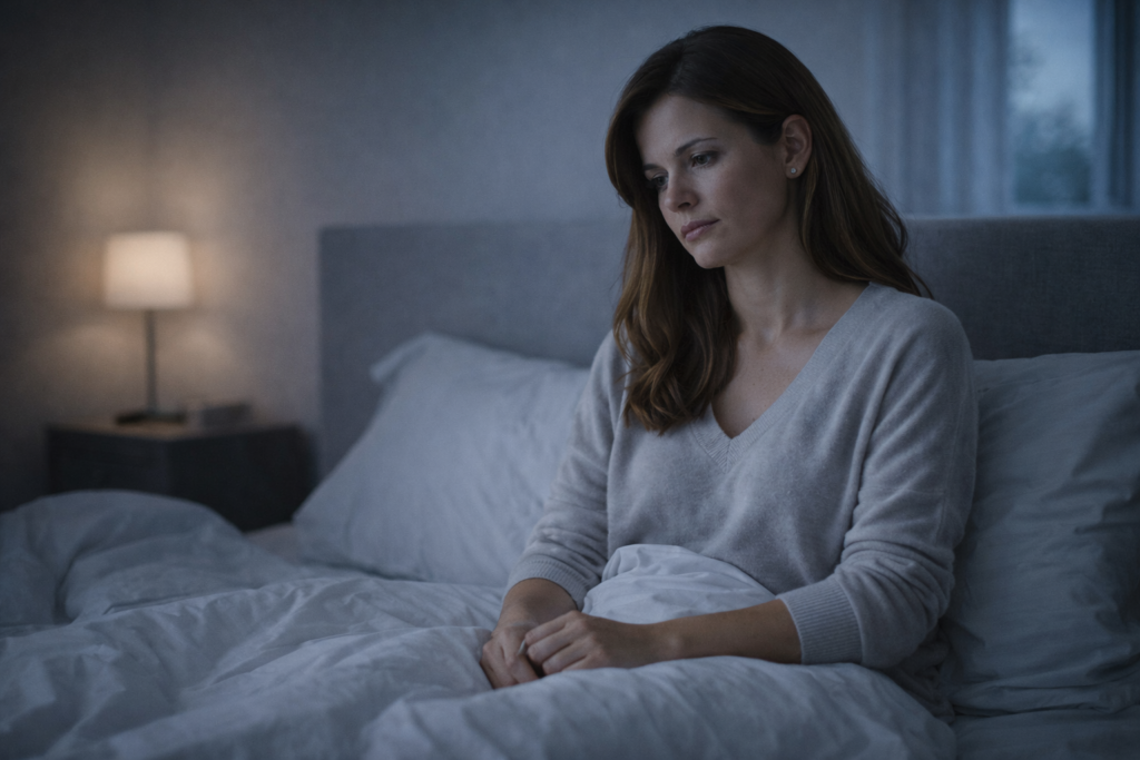 Donna sveglia di notte seduta sul letto con tensione consapevole, immagine su mindfulness, ansia, stress e insonnia