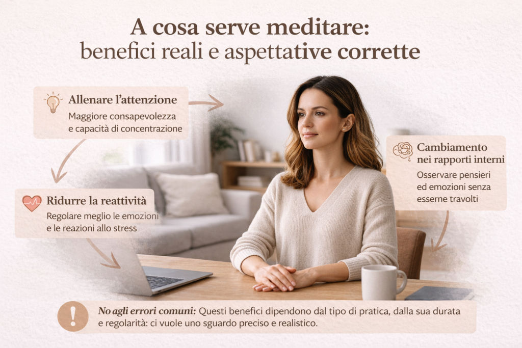 Donna seduta in pausa consapevole al tavolo, immagine sui benefici reali della meditazione e sulla riduzione della reattività allo stress