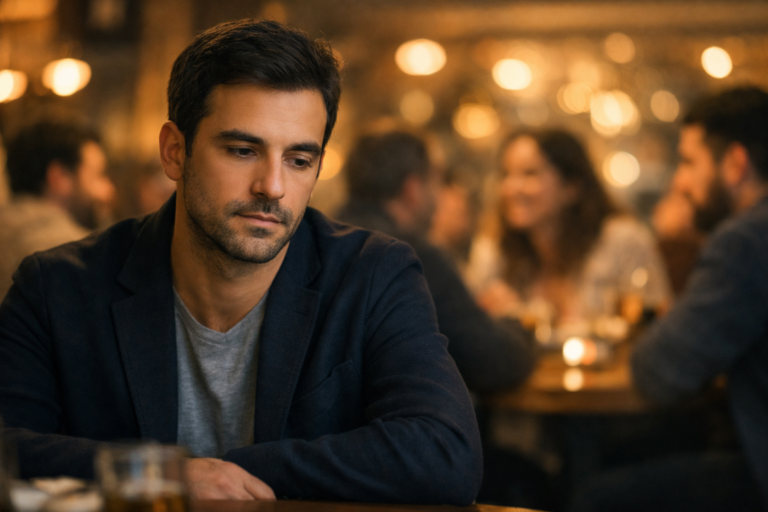 Mi sento solo anche tra gli altri: uomo seduto in un locale affollato ma emotivamente distante