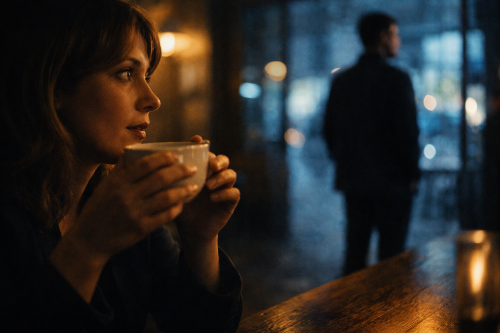 Donna seduta in un bar che sposta lo sguardo lateralmente verso un uomo sfocato sullo sfondo vicino a una finestra — seduzione come attenzione che scivola prima dell’intenzione.