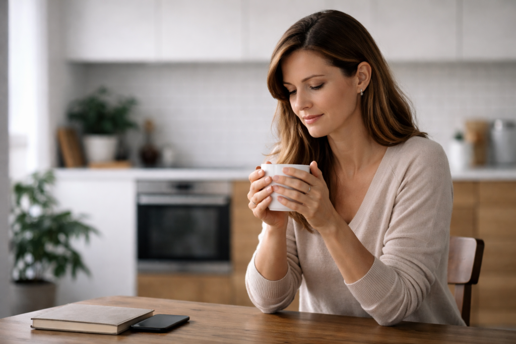 Donna in cucina che osserva una tazza con attenzione consapevole, esempio di mindfulness nel momento presente