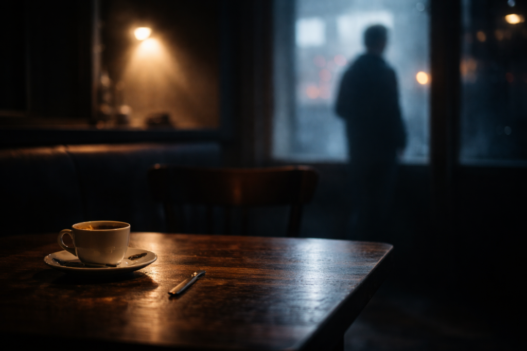 Tavolo di bar con tazza di caff&egrave; quasi vuota e figura sfocata alla finestra: psicologia della seduzione come spostamento dell&rsquo;attenzione