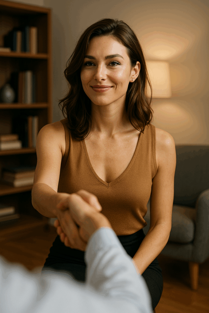 Donna affascinante e sicura di sé in ambiente intimo e luminoso, simbolo dell’eccitazione femminile come via di individuazione.