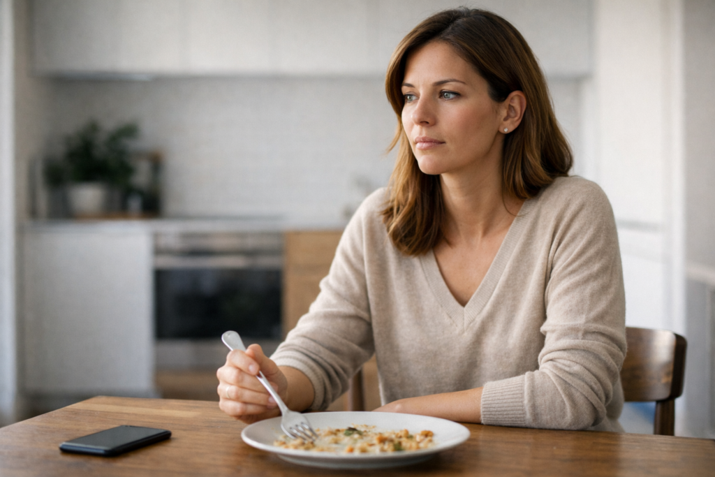 Donna seduta a tavola con sguardo assente mentre mangia, esempio di pilota automatico nella mindfulness