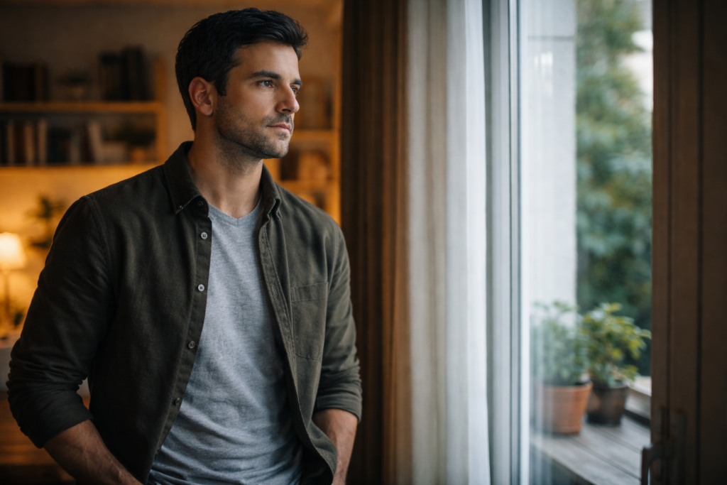 Mi sento solo anche quando non manca nulla: uomo vicino a una finestra in un appartamento pieno ma interiormente distante