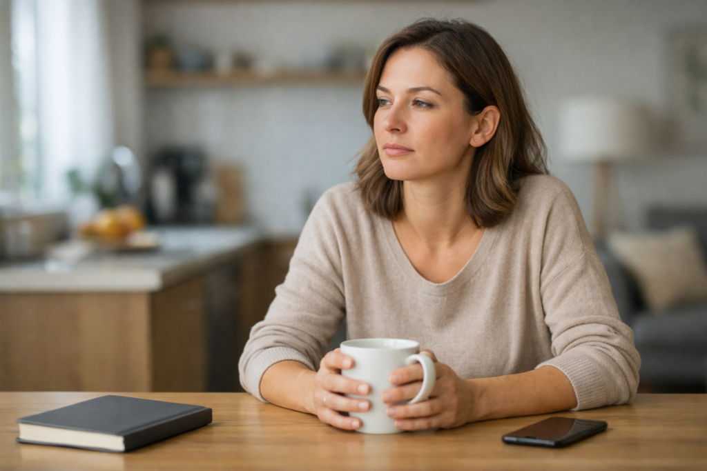 Donna seduta a tavola con tazza tra le mani e sguardo assente, mente altrove nella vita quotidiana