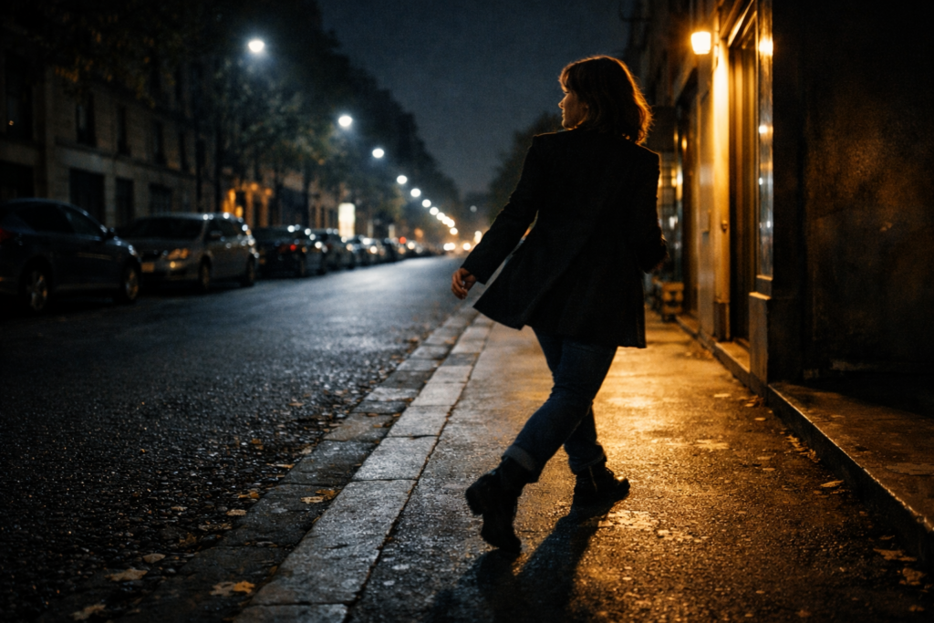 Figura di spalle che devia dal percorso su marciapiede urbano notturno, attratta da una luce calda fuori campo — seduzione come “se-ducere”, deviazione della traiettoria psichica.