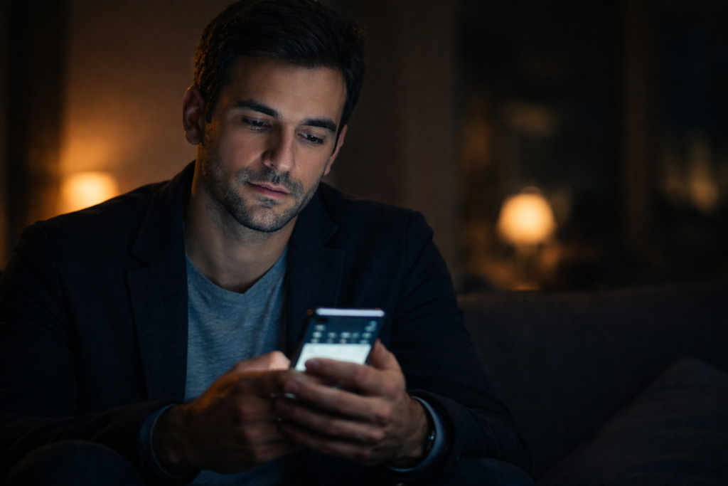 Mi sento solo di notte: uomo con smartphone acceso in una stanza buia, circondato da presenze digitali ma interiormente distante