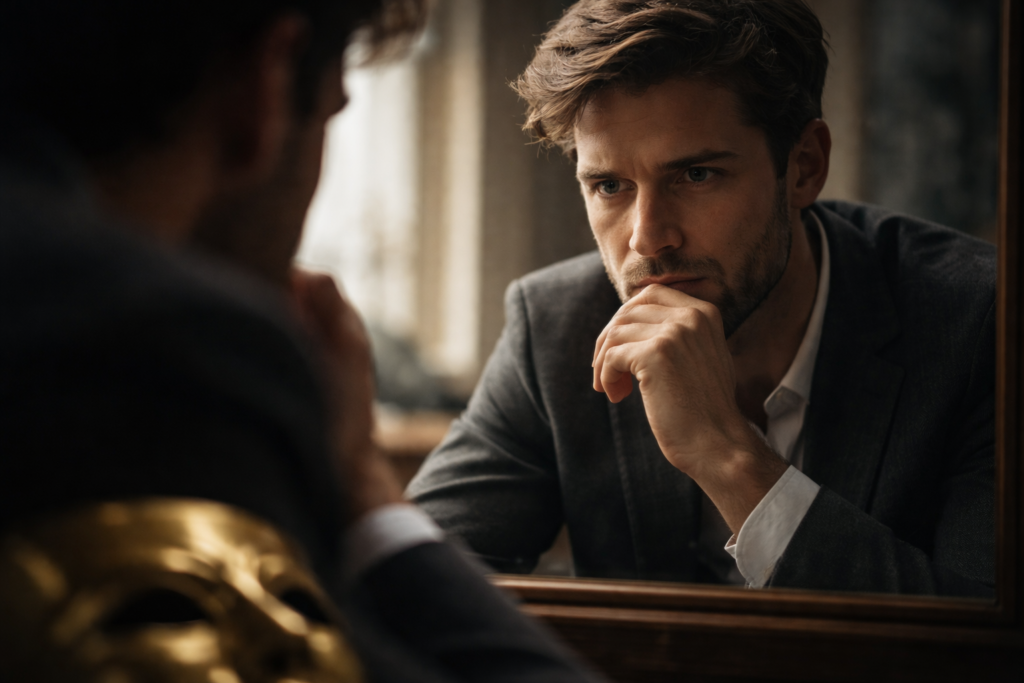 Uomo riflesso nello specchio in atteggiamento contemplativo, simbolo del narcisismo come regolazione dell’autostima attraverso lo sguardo