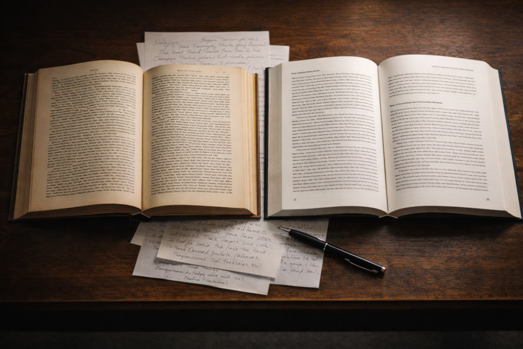 Due libri accademici aperti su una scrivania, uno classico e uno contemporaneo, rappresentazione della distinzione teorica tra psicoanalisi e psicodinamica.