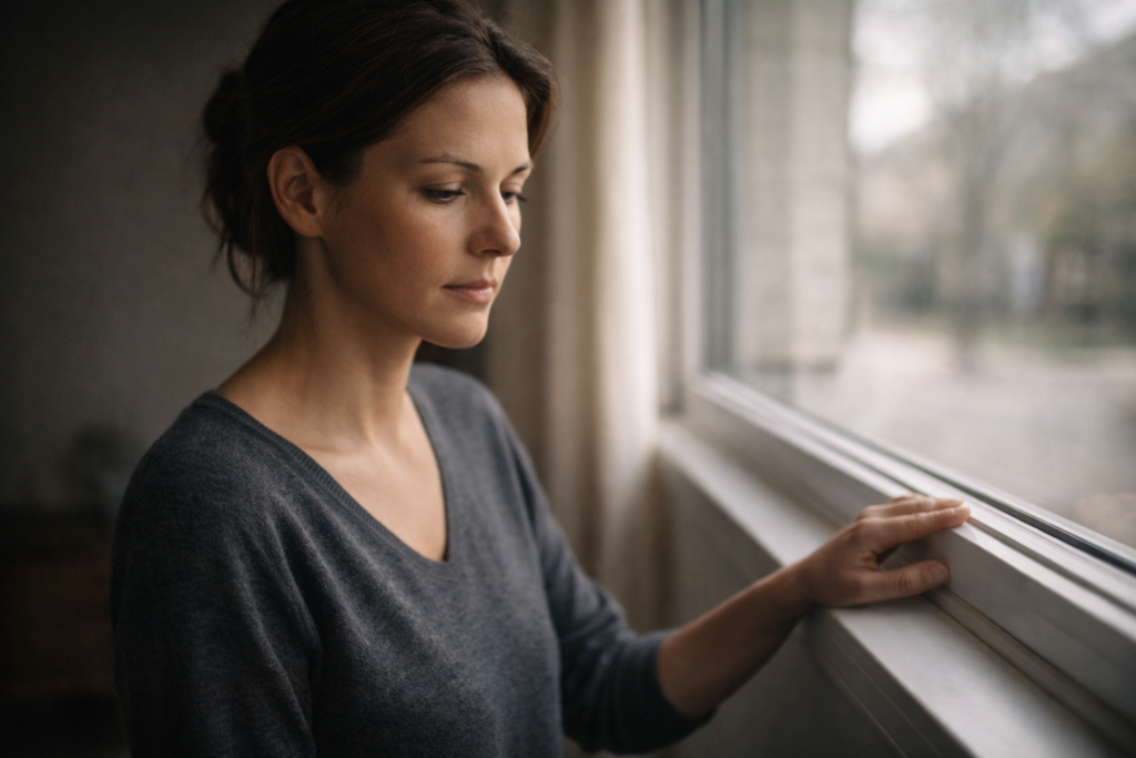Donna in un momento di consapevolezza interiore vicino a una finestra, immagine che rappresenta i processi mentali inconsci studiati dalla psicodinamica.