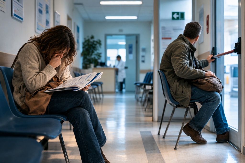 Sala d’attesa medica con due pazienti: una donna consulta ansiosamente documenti clinici, mentre un uomo si gira verso l’uscita pronto ad andarsene, rappresentando visivamente la differenza tra ipocondria e patofobia