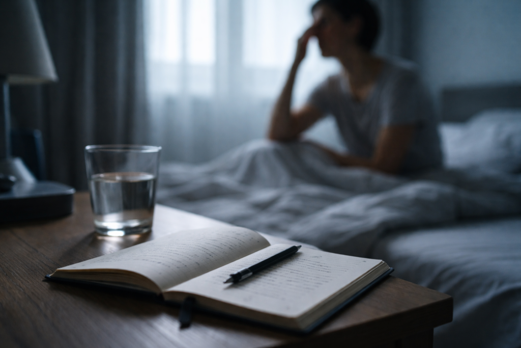 Sogno e risveglio al mattino: taccuino sul comodino e persona pensierosa in camera da letto, esperienza onirica e memoria del sogno