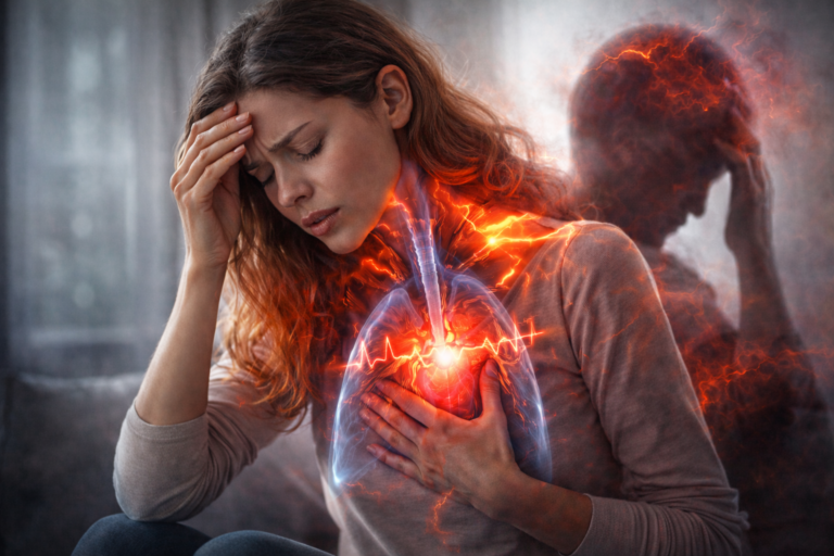 Donna in uno stato di ansia sintomatica con tensione al petto e al respiro, che rappresenta i sintomi fisici dell’ansia quando il corpo parla al posto della mente