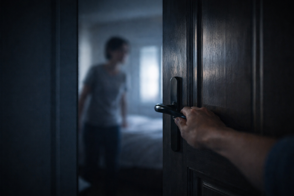 Falso risveglio durante un sogno: una persona apre una porta credendo di essersi svegliata, simbolo del sogno nel sogno e della confusione tra realtà e esperienza onirica
