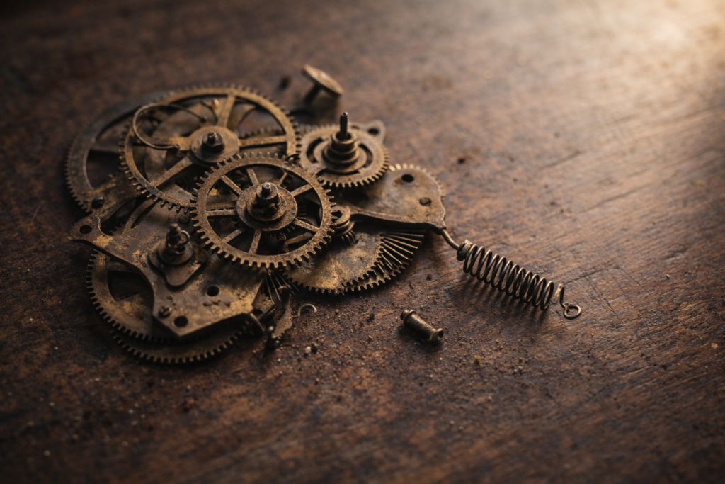 Meccanismo di orologio antico disassemblato con ingranaggi consumati — metafora visiva dell'esaurimento nervoso e del cedimento dopo stress prolungato