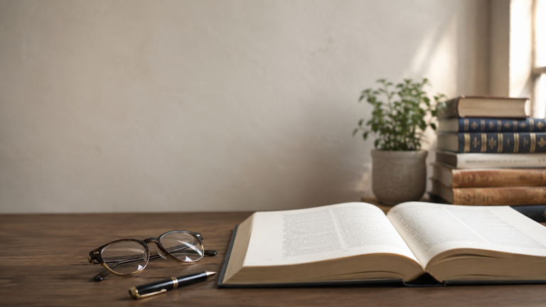 Sadico e sadica significato: libro aperto su una scrivania con occhiali e penna