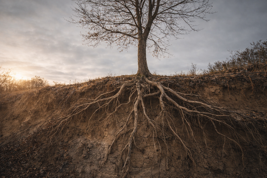 Albero con radici esposte nel terreno eroso — metafora delle cause profonde dell’esaurimento nervoso oltre il fattore scatenante visibile