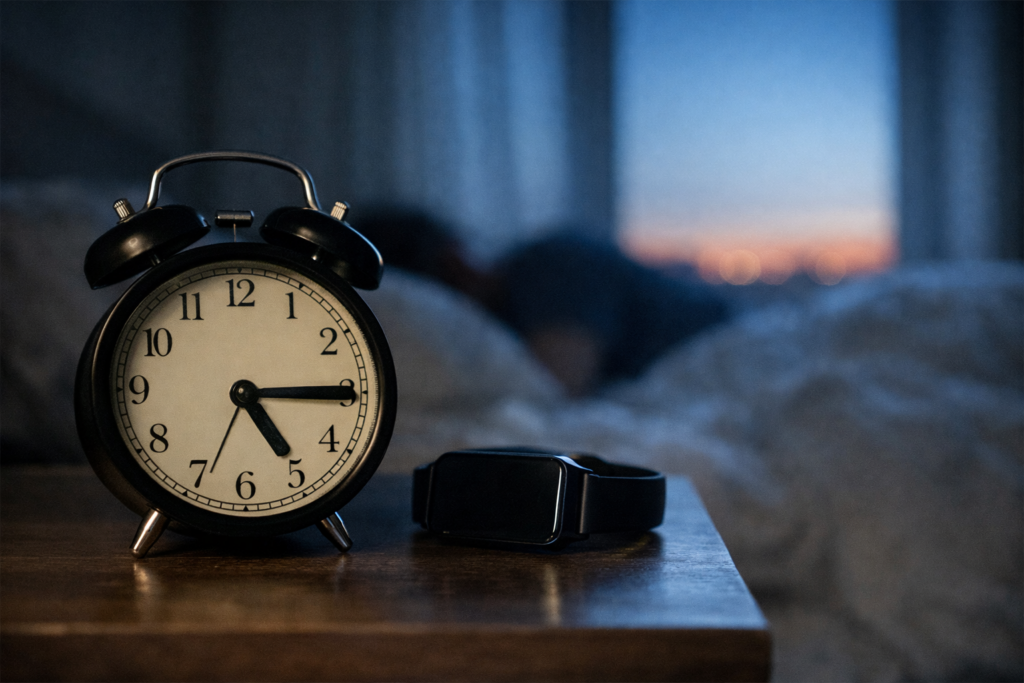 Orologio analogico sul comodino accanto a una persona che dorme, simbolo della durata dei sogni durante le diverse fasi del sonno REM