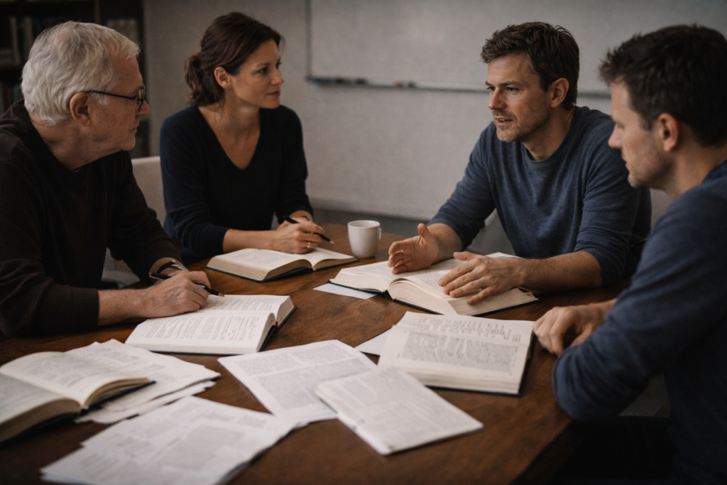 Gruppo di studiosi in discussione attorno a un tavolo con libri aperti, rappresentazione dei modelli teorici e delle correnti post-freudiane della psicodinamica.