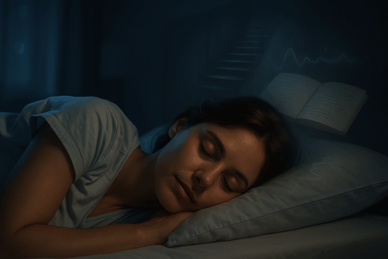 Interpretare i sogni — donna che dorme con scala infinita e simboli onirici, significato dei sogni psicodinamico
