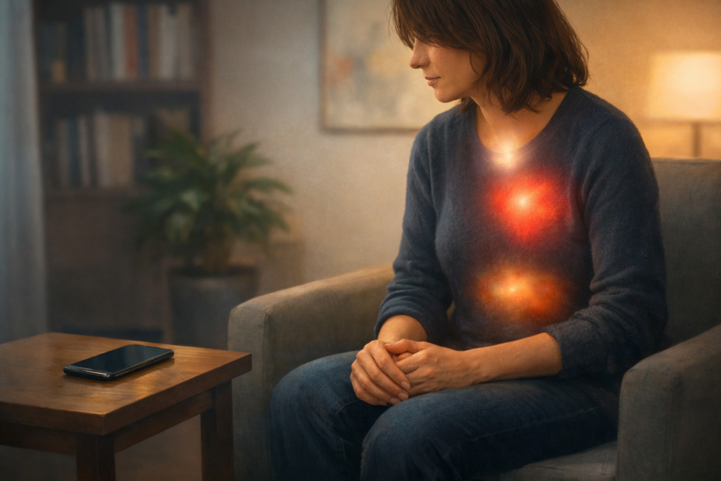 Donna in studio di psicoterapia con aree luminose su cuore gola e stomaco che rappresentano i sintomi fisici dell’ansia sintomatica e dell’ansia somatizzata