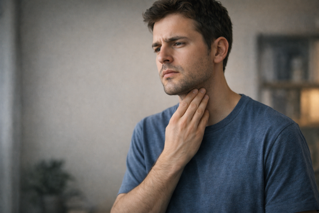 Uomo che tocca la gola con espressione tesa, rappresentazione dell’ansia sintomatica e della somatizzazione emotiva nel corpo