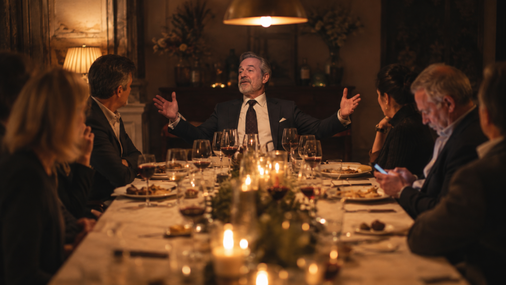 Uomo al centro di una cena elegante rappresenta la megalomania dominando la conversazione mentre gli altri commensali appaiono distanti e disimpegnati.