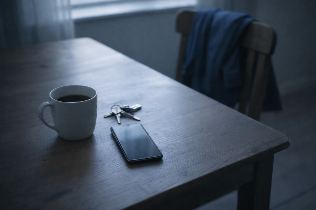 Tazza di caffè freddo su un tavolo al mattino, simbolo dell’esaurimento nervoso e dell’incapacità di iniziare la routine quotidiana
