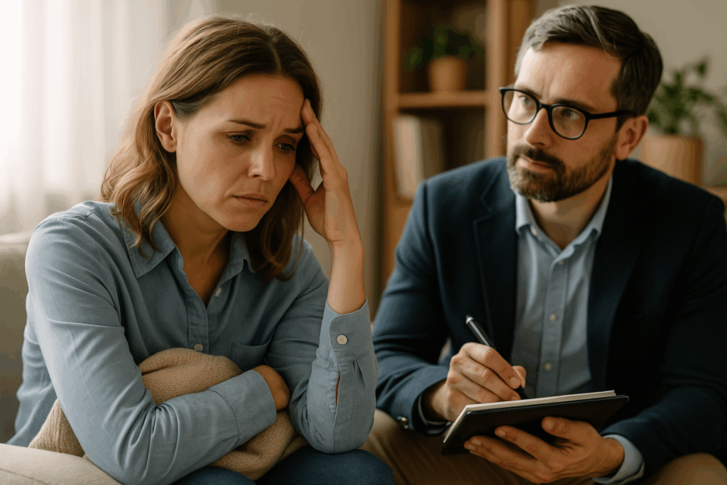Interpretare i sogni in psicoterapia: donna in ansia parla col terapeuta durante una seduta di psicoterapia