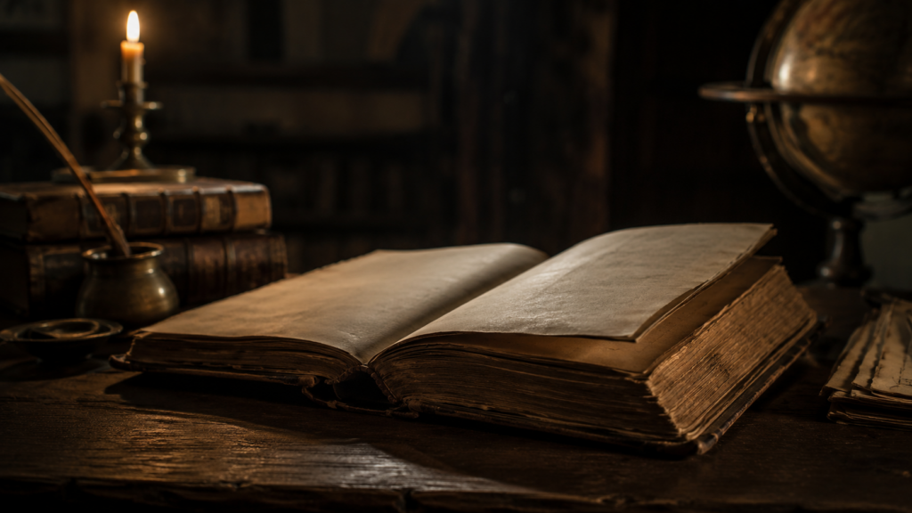 Etimologia della parola sadico: libro antico aperto in penombra su una scrivania di legno, illuminato da una luce calda e soffusa