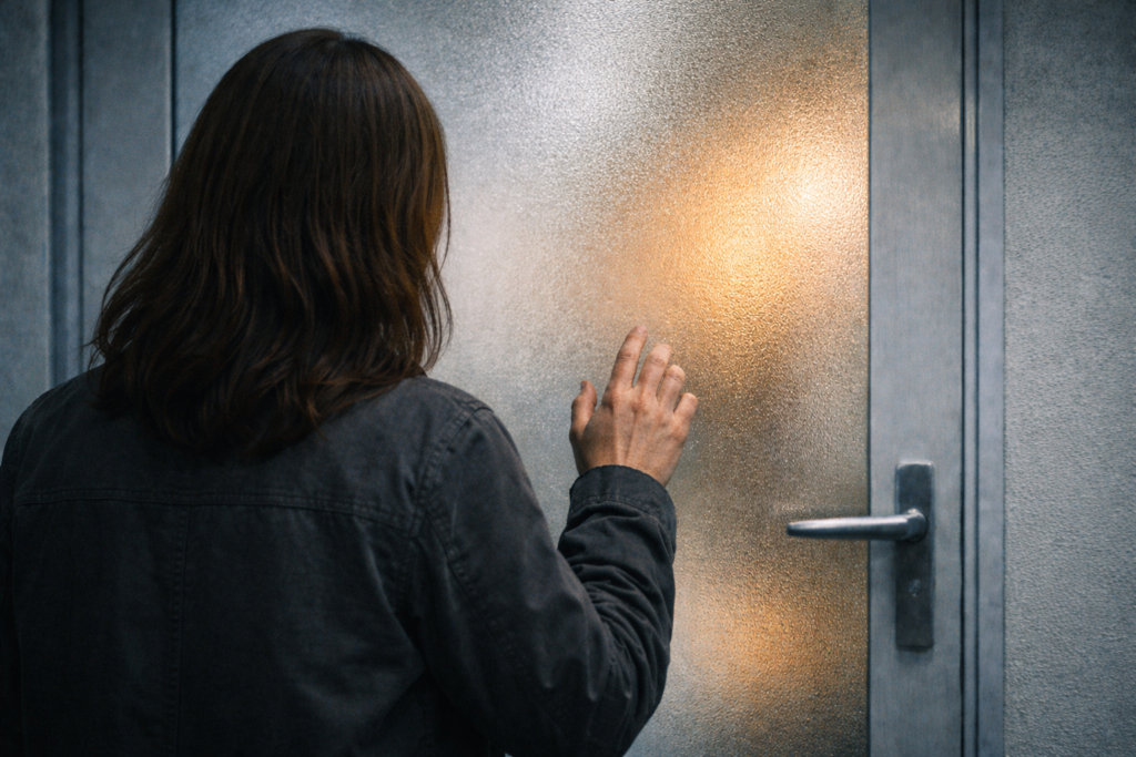 Donna di spalle con la mano sospesa verso la maniglia di una porta di ambulatorio.