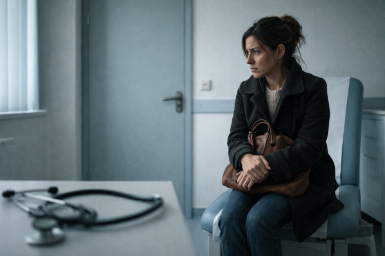 Donna seduta sul bordo del lettino in uno studio medico con cappotto e borsa stretta in grembo, corpo rivolto verso la porta e sguardo teso — immagine della patofobia come paura della diagnosi e rifiuto degli accertamenti medici