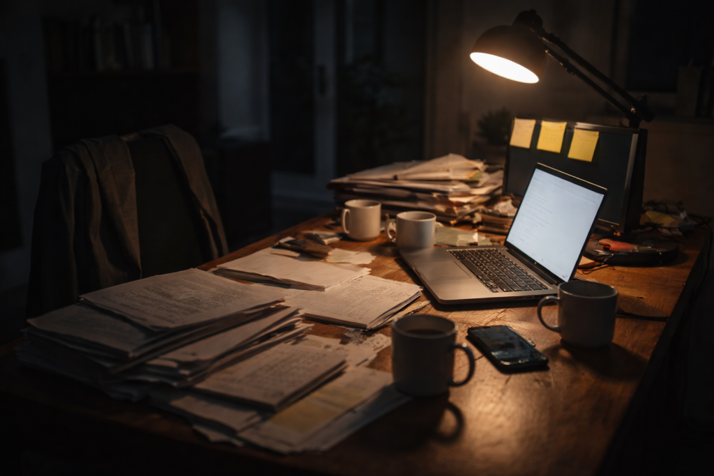 Scrivania illuminata di notte con laptop acceso, documenti e tazze di caffè freddo — metafora dello stress lavorativo cronico che conduce all’esaurimento nervoso