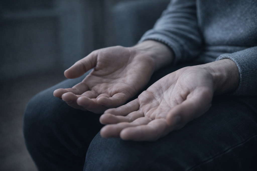 Mani aperte e immobili in grembo — sintomi fisici invisibili dell’esaurimento nervoso non rilevati dagli esami medici