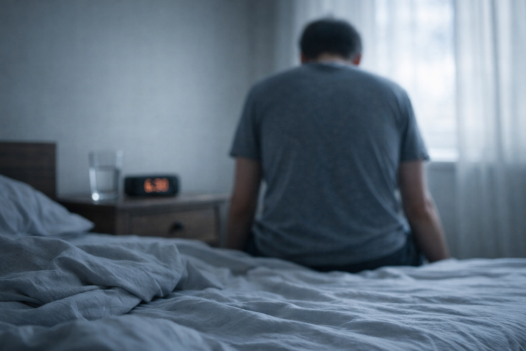 Persona seduta sul bordo del letto immobile nella luce del mattino, simbolo dell’esaurimento nervoso e dell’incapacità di iniziare la giornata