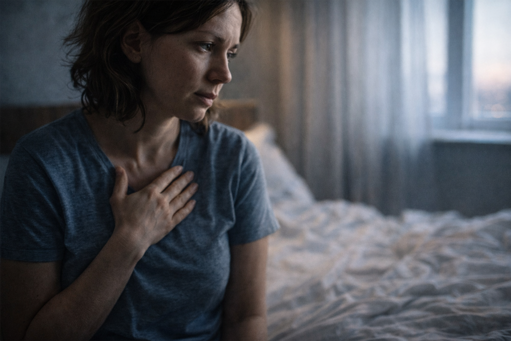 Donna seduta sul letto al risveglio con mano sul petto, espressione emotiva che rappresenta la funzione psicologica del sogno e l’elaborazione dei desideri inconsci