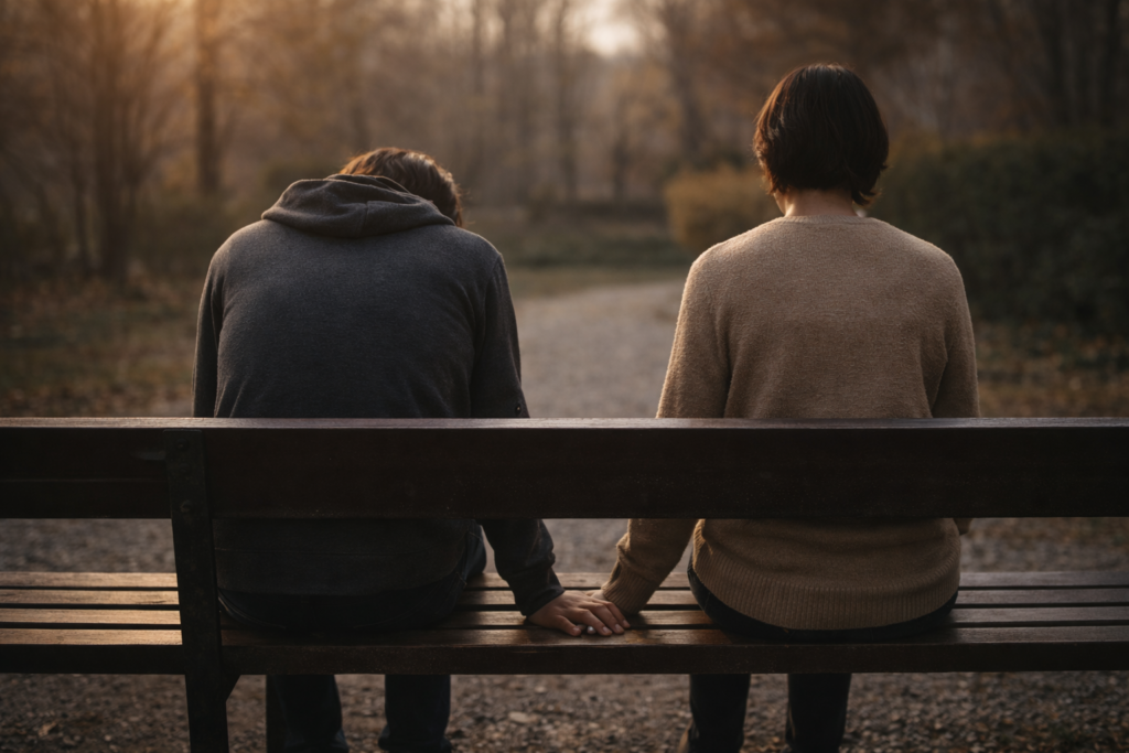 Due persone sedute su una panchina viste da dietro, una con postura curva e l’altra stabile, presenza silenziosa accanto a chi vive un esaurimento nervoso.