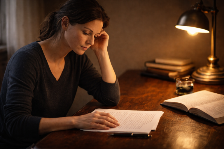 Donna seduta a una scrivania in un momento di introspezione profonda, con la mano su un manoscritto — rappresentazione dei processi inconsci studiati dalla psicodinamica.