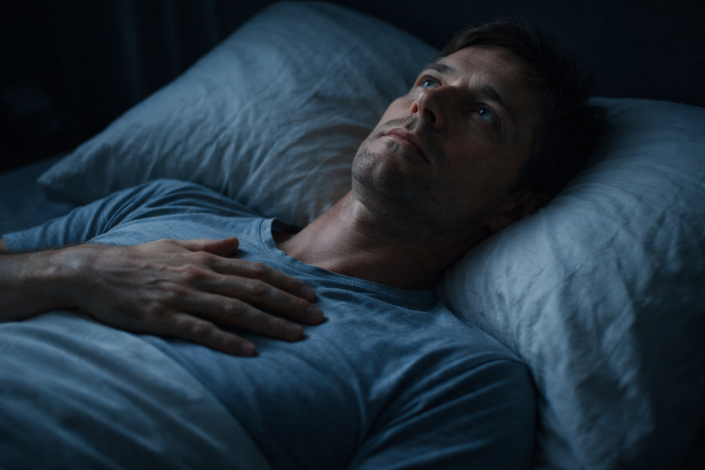 Uomo sveglio nel letto di notte con la mano sul petto per la patofobia