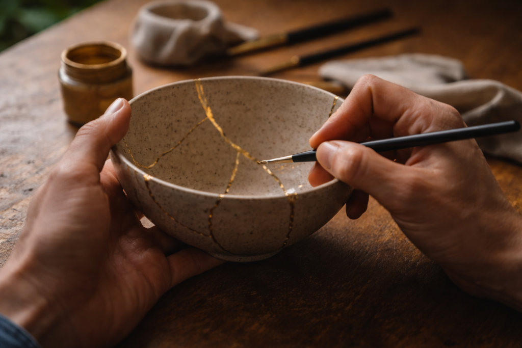 Mani che riparano una ciotola con la tecnica kintsugi, evidenziando le crepe con oro — metafora della cura dell’esaurimento nervoso e del processo psicoterapeutico di trasformazione