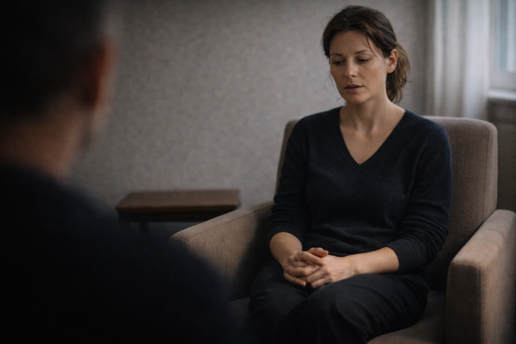 Donna che riceve un’interpretazione psicodinamica durante una seduta clinica, in un momento di riconoscimento interiore e connessione inconscia.