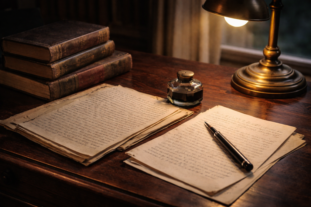 Scrivania di studio del primo Novecento con libri, manoscritti e calamaio — ambiente storico delle origini della psicodinamica e del lavoro dei suoi fondatori.