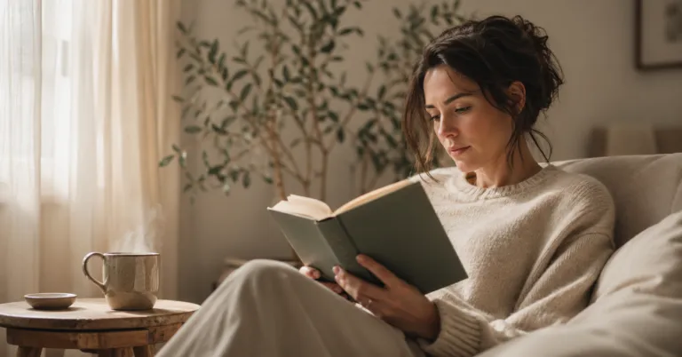 Donna che legge un libro vicino a una finestra: immagine simbolica dell’introverso come presenza riflessiva, quiete interiore e concentrazione.