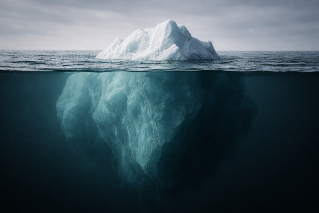 Iceberg in acque artiche con grande massa sommersa visibile sotto la superficie, immagine simbolica dell’inconscio freudiano