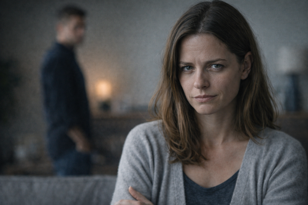 Donna con espressione controllata e distacco emotivo, rappresentazione delle caratteristiche della sociopatica nelle relazioni interpersonali