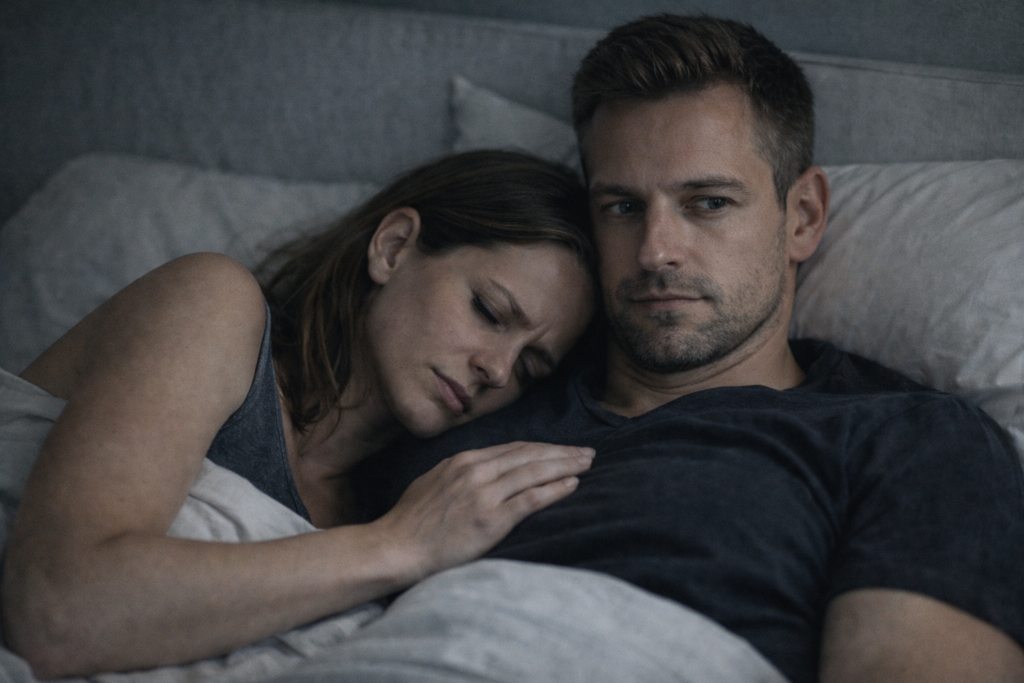 Coppia a letto con distanza emotiva, la donna cerca contatto mentre l’uomo appare emotivamente distaccato, rappresentazione del tema se un sociopatico può amare